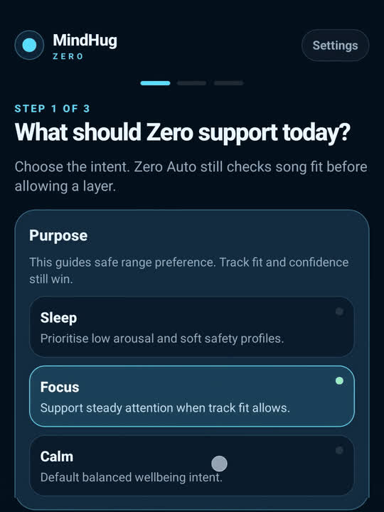 MindHug Zero app choosing an intent: sleep, focus or calm.